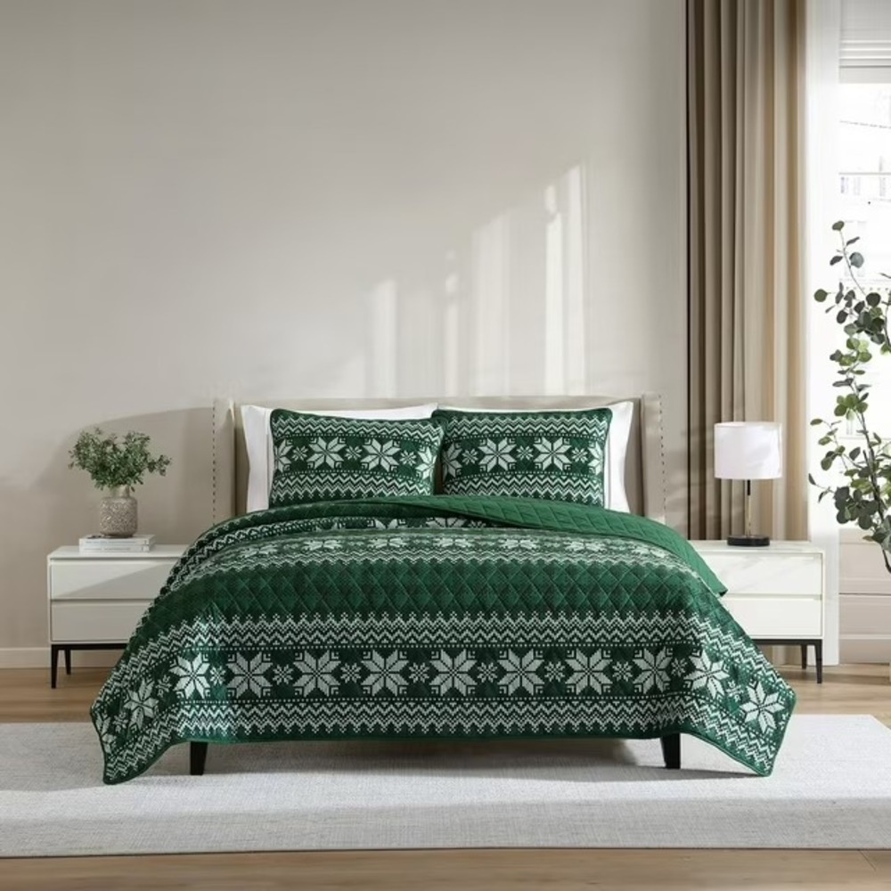 Lenox Holiday 3 Piece Quilt Set KING - Snowflake Check Green